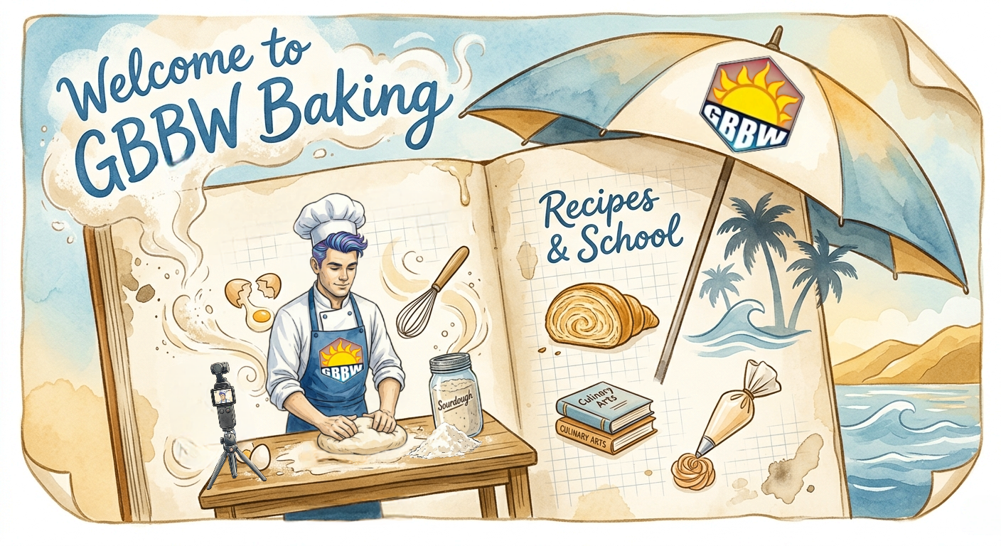 A colorful depiction of what Great Big Beautiful World - Baking is. A man stands behind a table kneading a loaf of sourdough bread while standing under an umbrella at the beach. Behind him is an oversized book showing images of bread, eggs, books and a piping bag. At the front of the table is a DJO Pocket Osmo 3 camera filming his work on the dough.