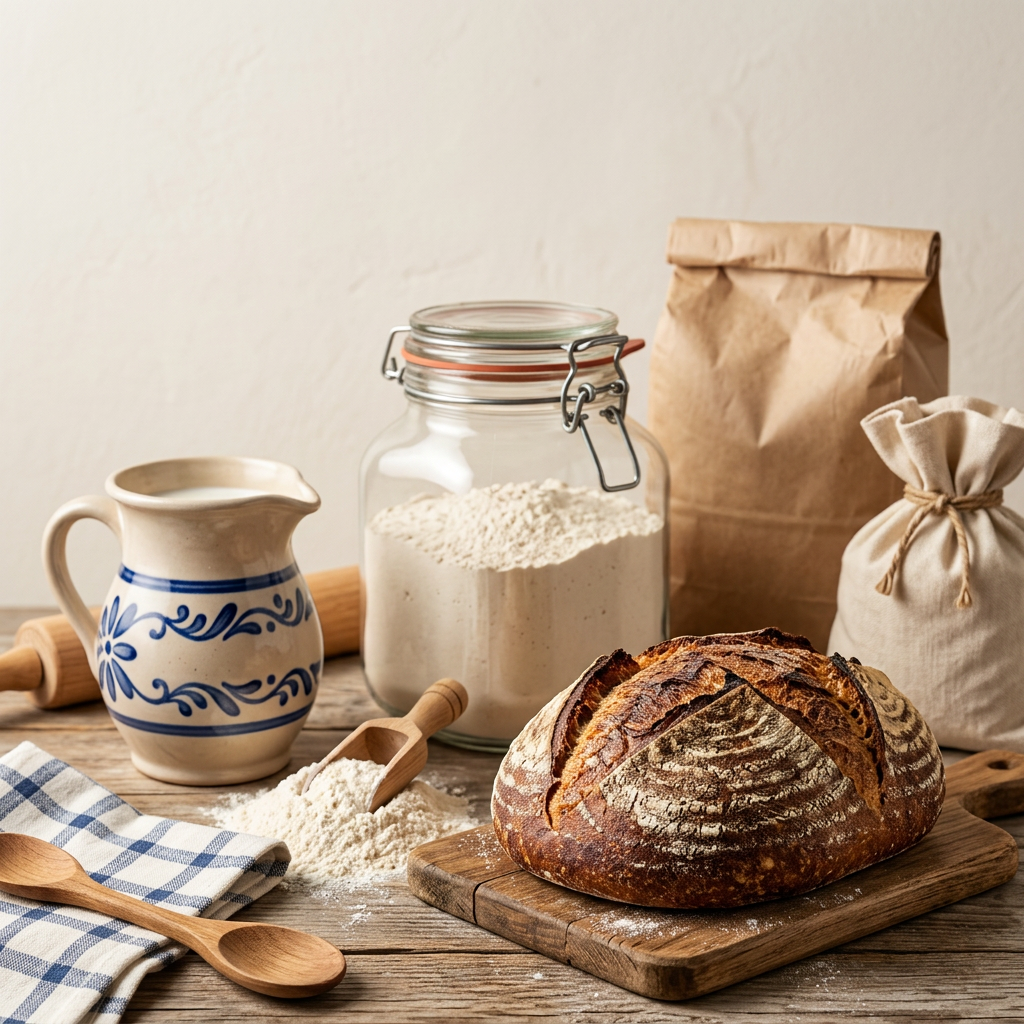 Jar of active sourdough starter bubbling, surrounded by buttermilk, organic bread flour, whole wheat flour, and baking tools